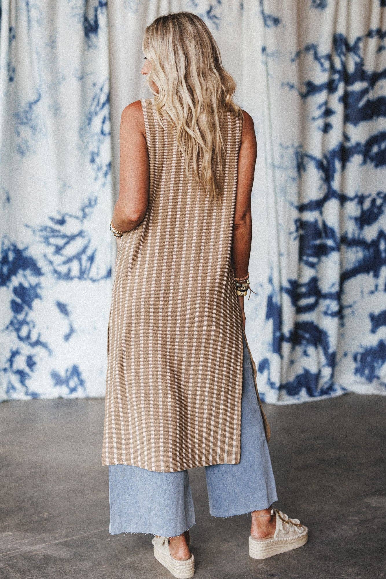 Sundown Stripes Open Front Duster Vest - Pink Peonies