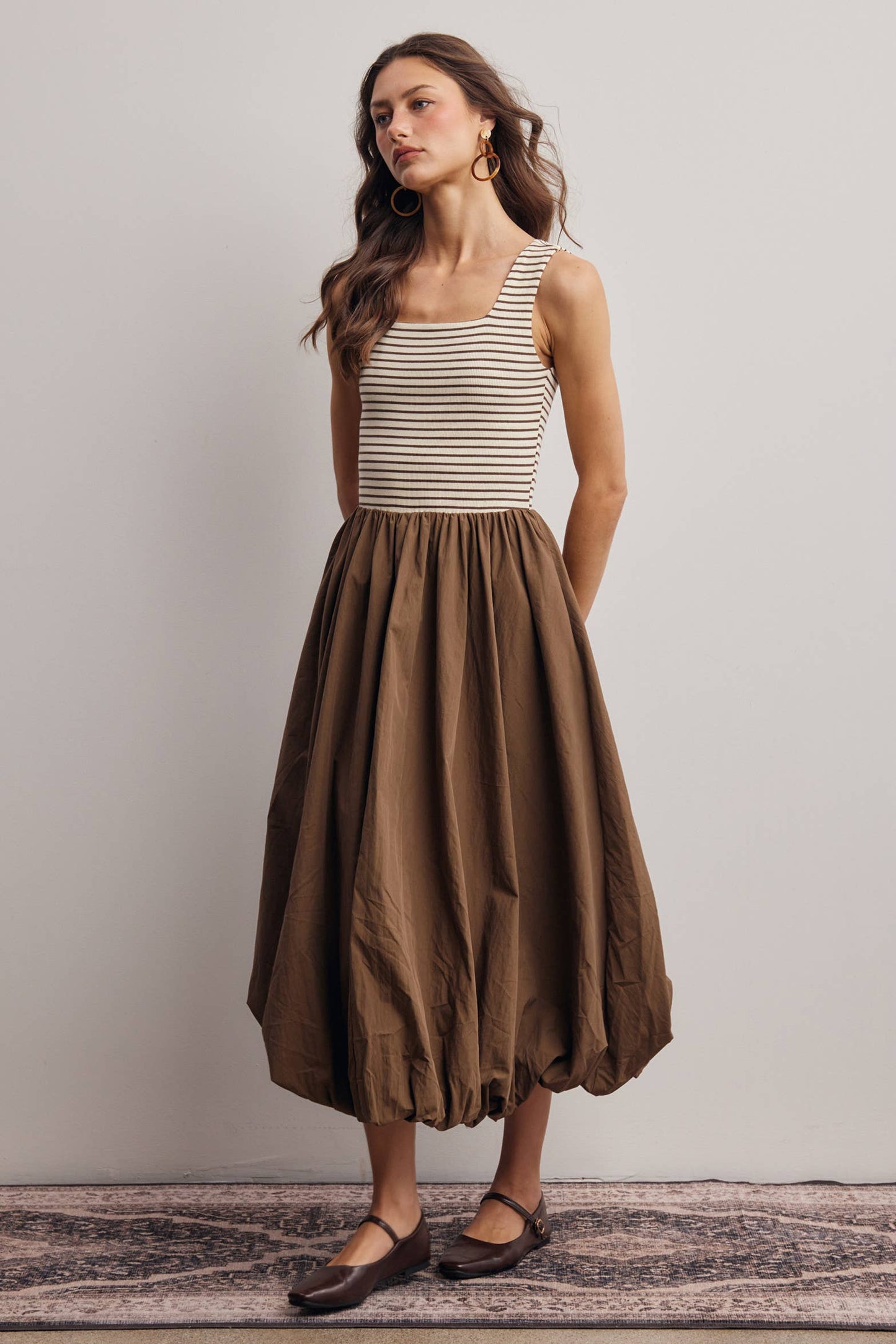 Striped Knit Bodice Bubble Midi Dress - Pink Peonies