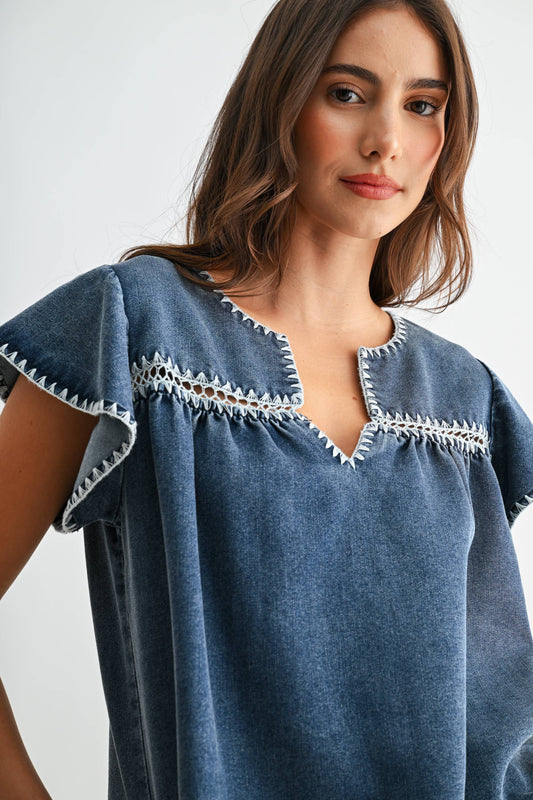 CJT26782 Denim Flutter Sleeve Top with Embroidered Trim: MEDIUM DENIM / S-M-L (3-2-1) - Pink Peonies