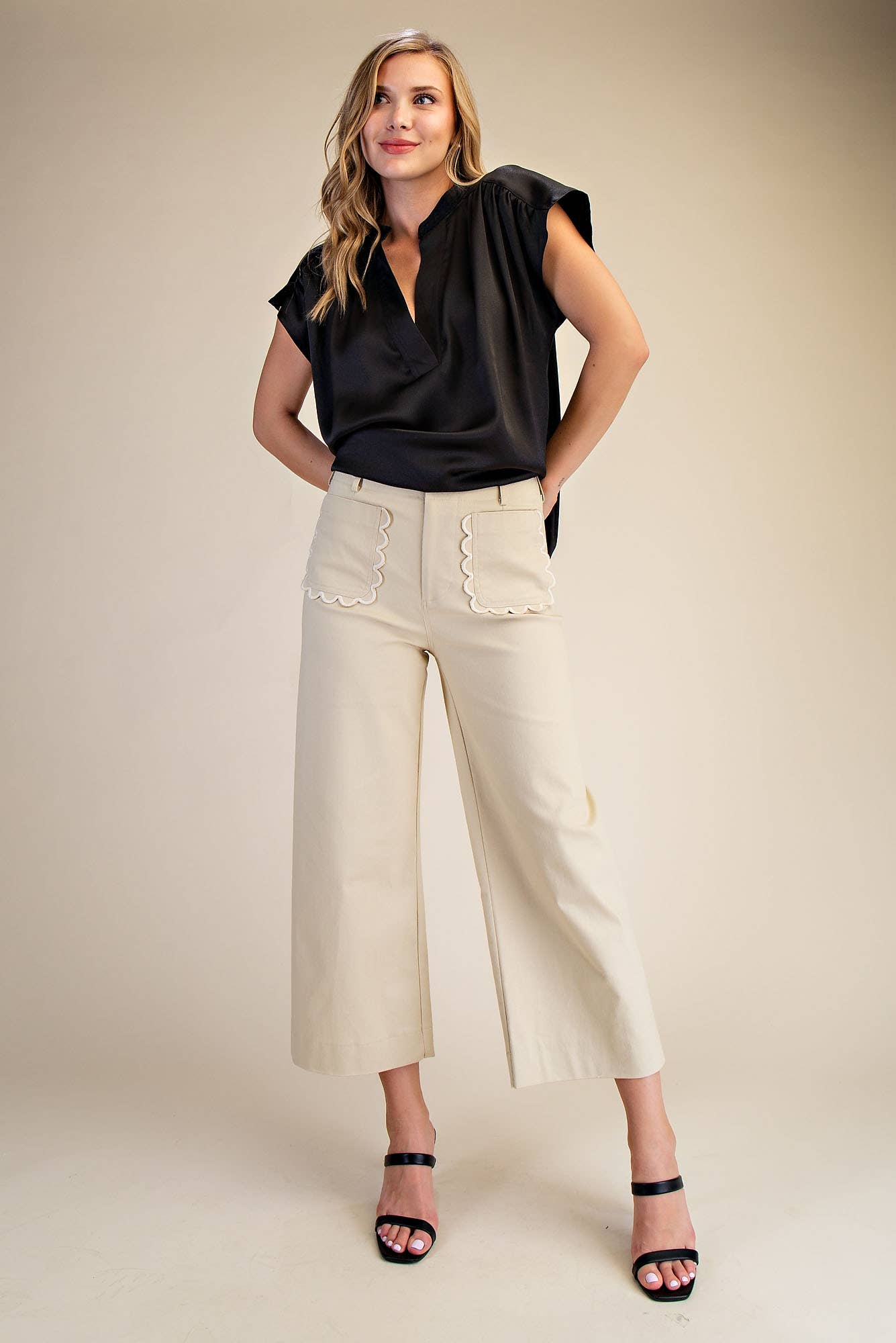 Colette Wide-Leg Scallop Pocket Pants - Pink Peonies