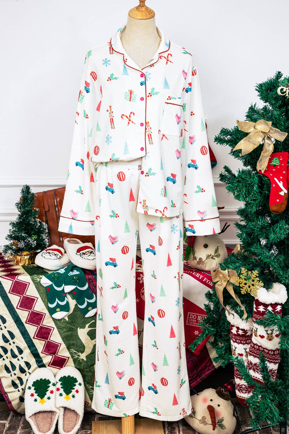 All Things Christmas White Long Sleeve Flannel PJ Set