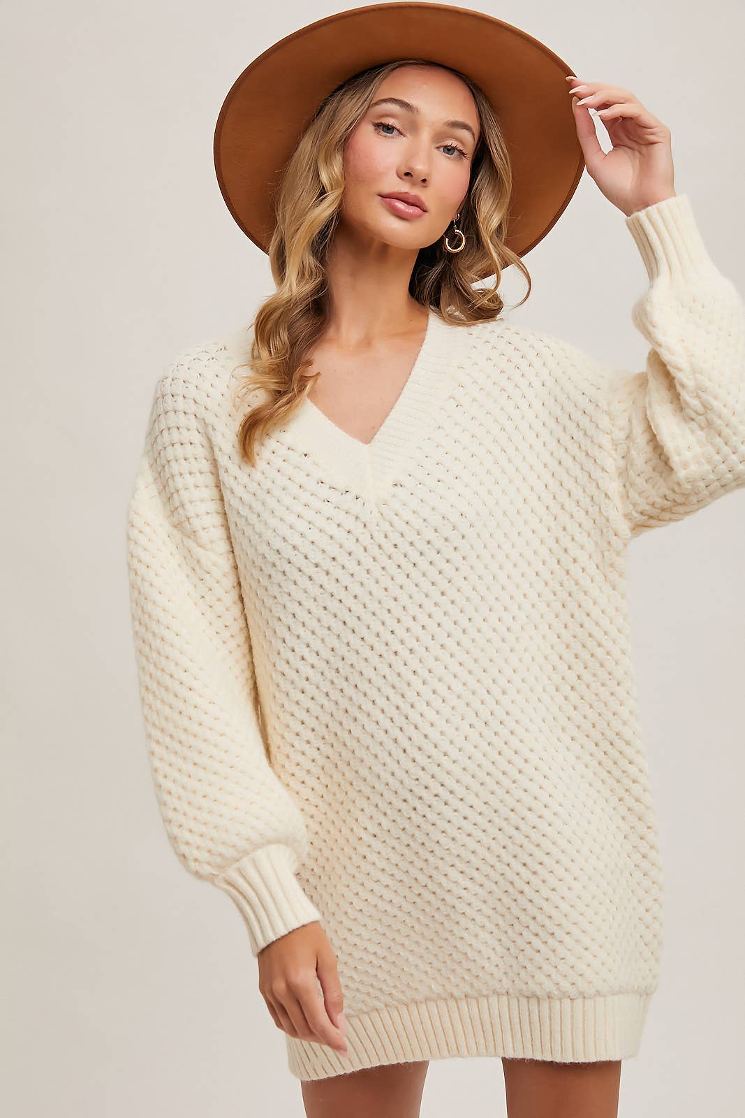 V-Neck Bubble Sleeved Knit Sweater Tunic - Pink Peonies