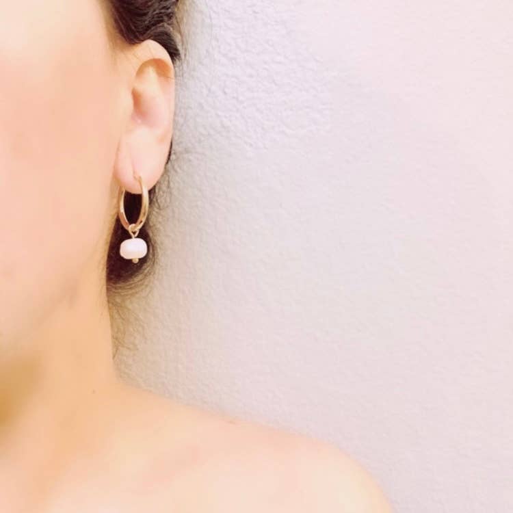 Water Pearl Hoop Earrings, pearl earrings, minimalist hoops - Pink Peonies