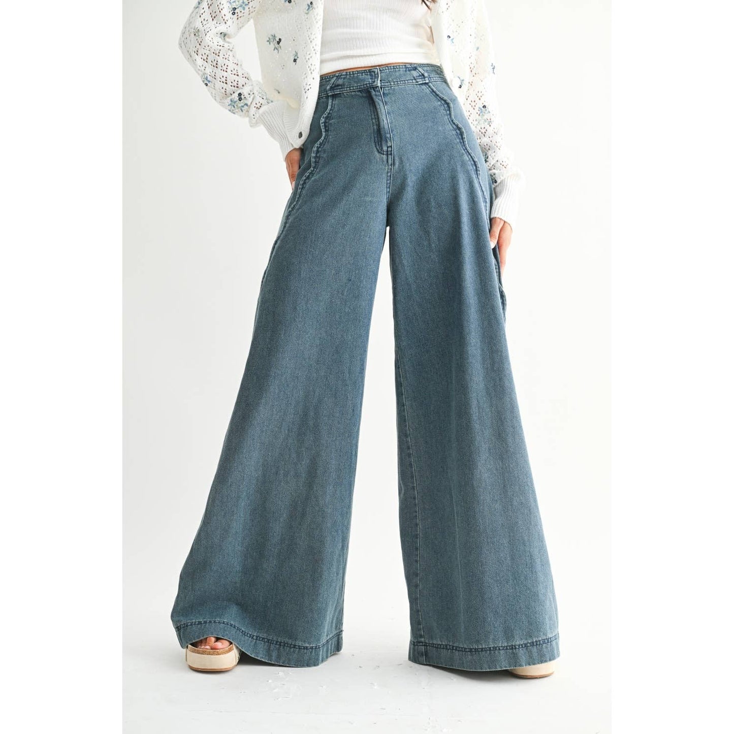 Medium Wash Wide Leg Wavy Trim Jeans