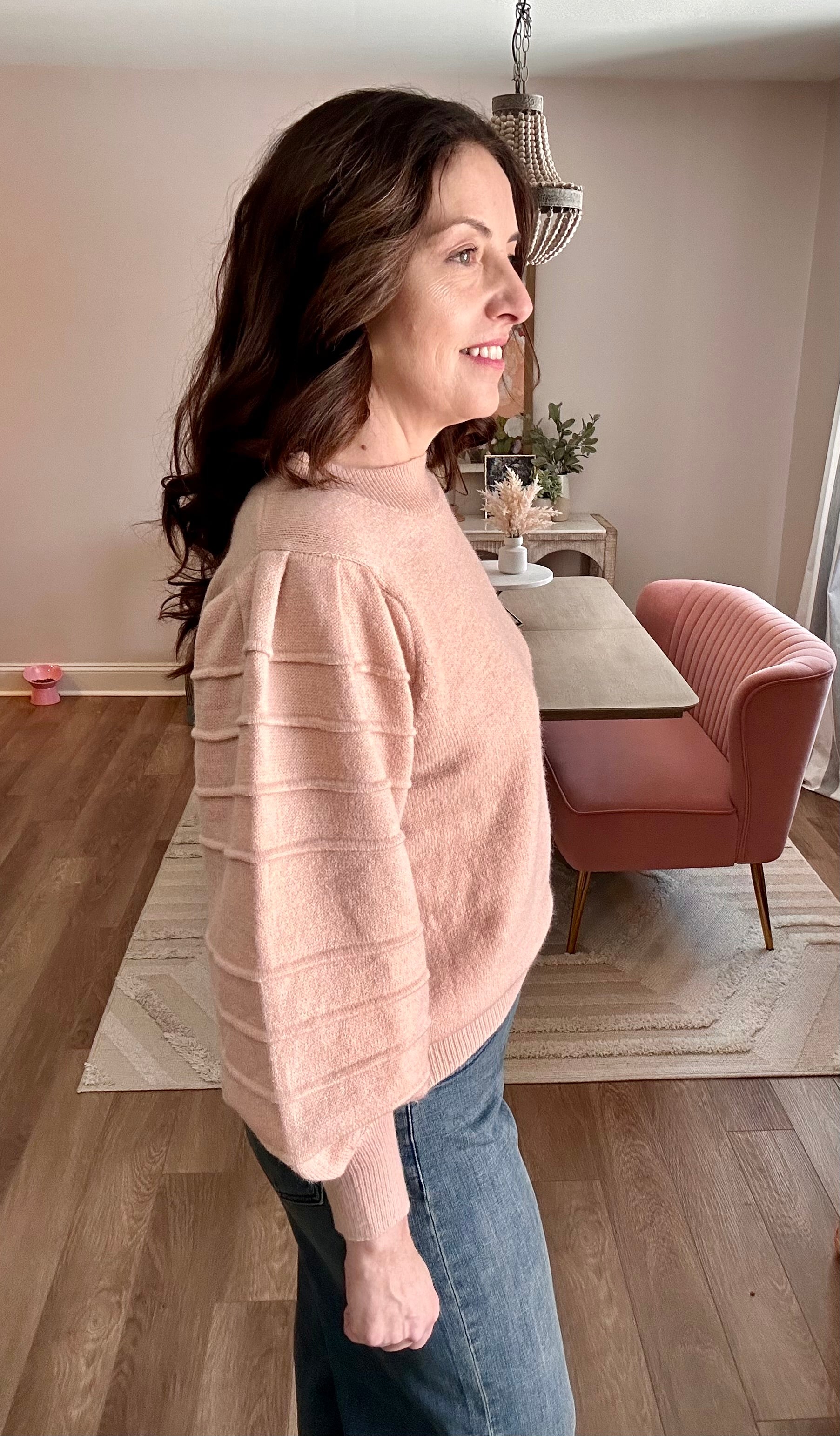 Crew Neck Textured Puff Sleeve Knitted Sweater - Pink Peonies