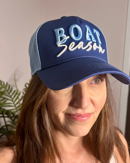Boat Season Trucker Hat - Two-Tone Blue Mesh - Pink Peonies