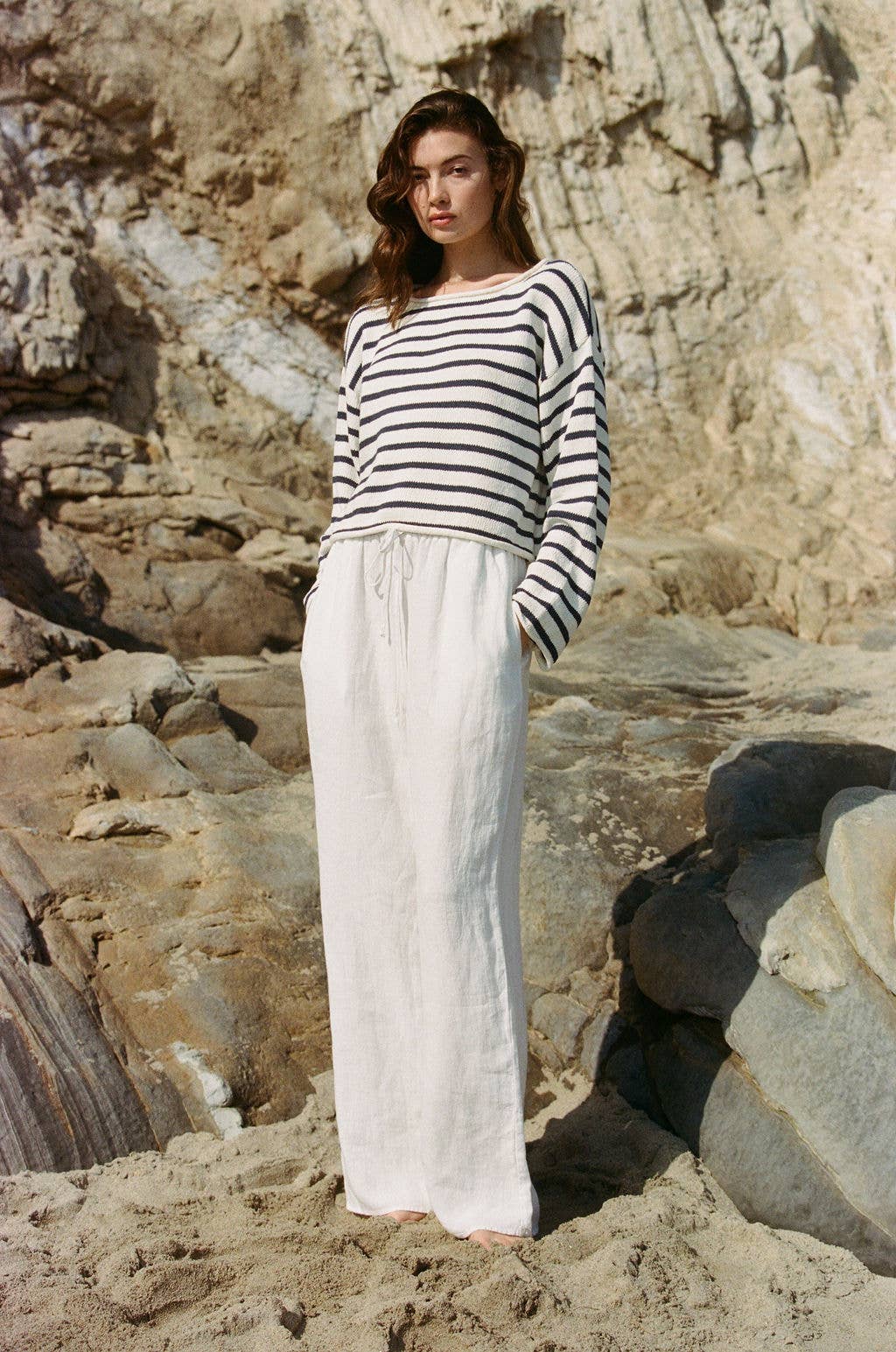 PS1027 | Knit Cotton Sweater Striped Long Sleeve Top: Ivory Navy - Pink Peonies