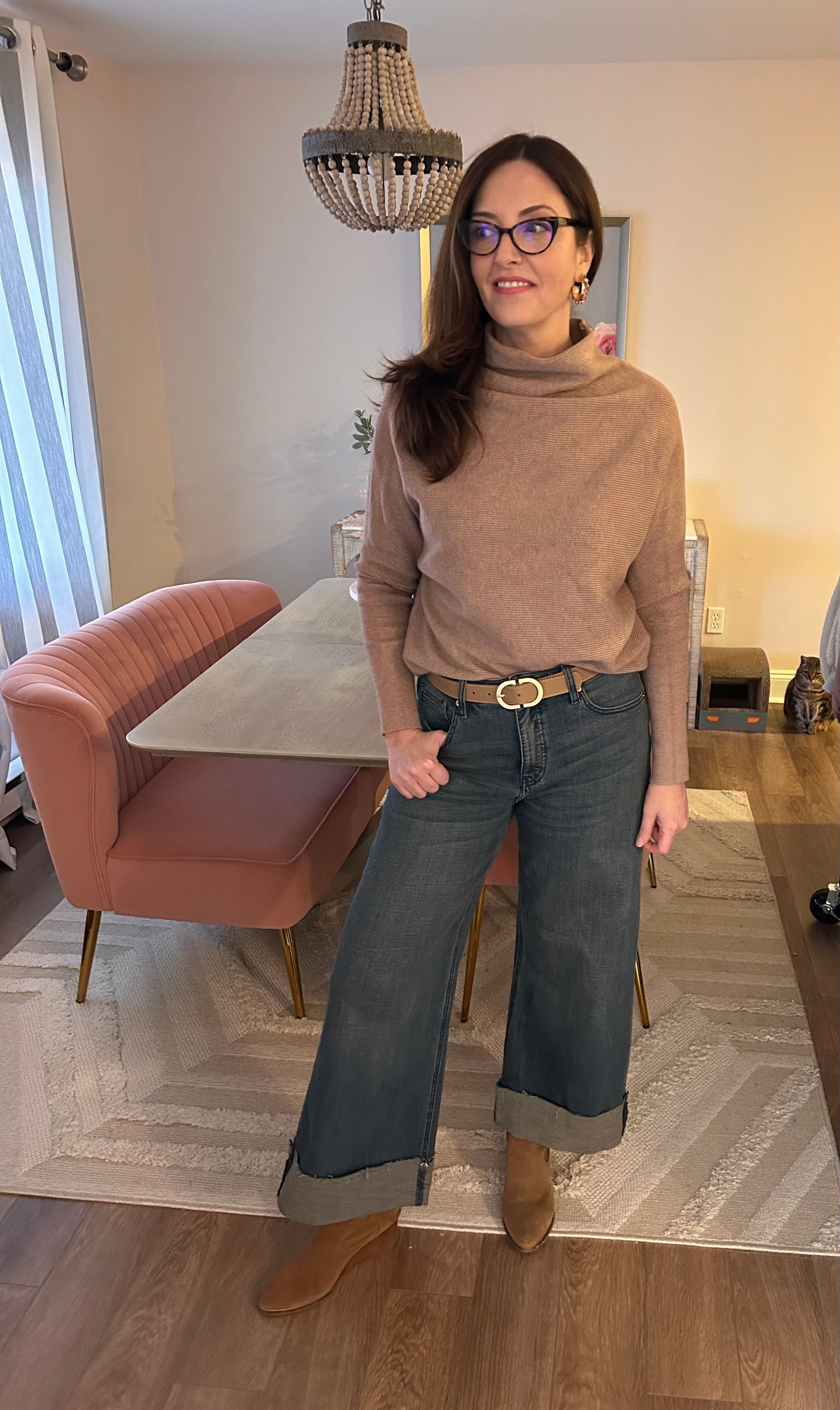 Slouch Neck Dolman Pullover Sweater - Pink Peonies