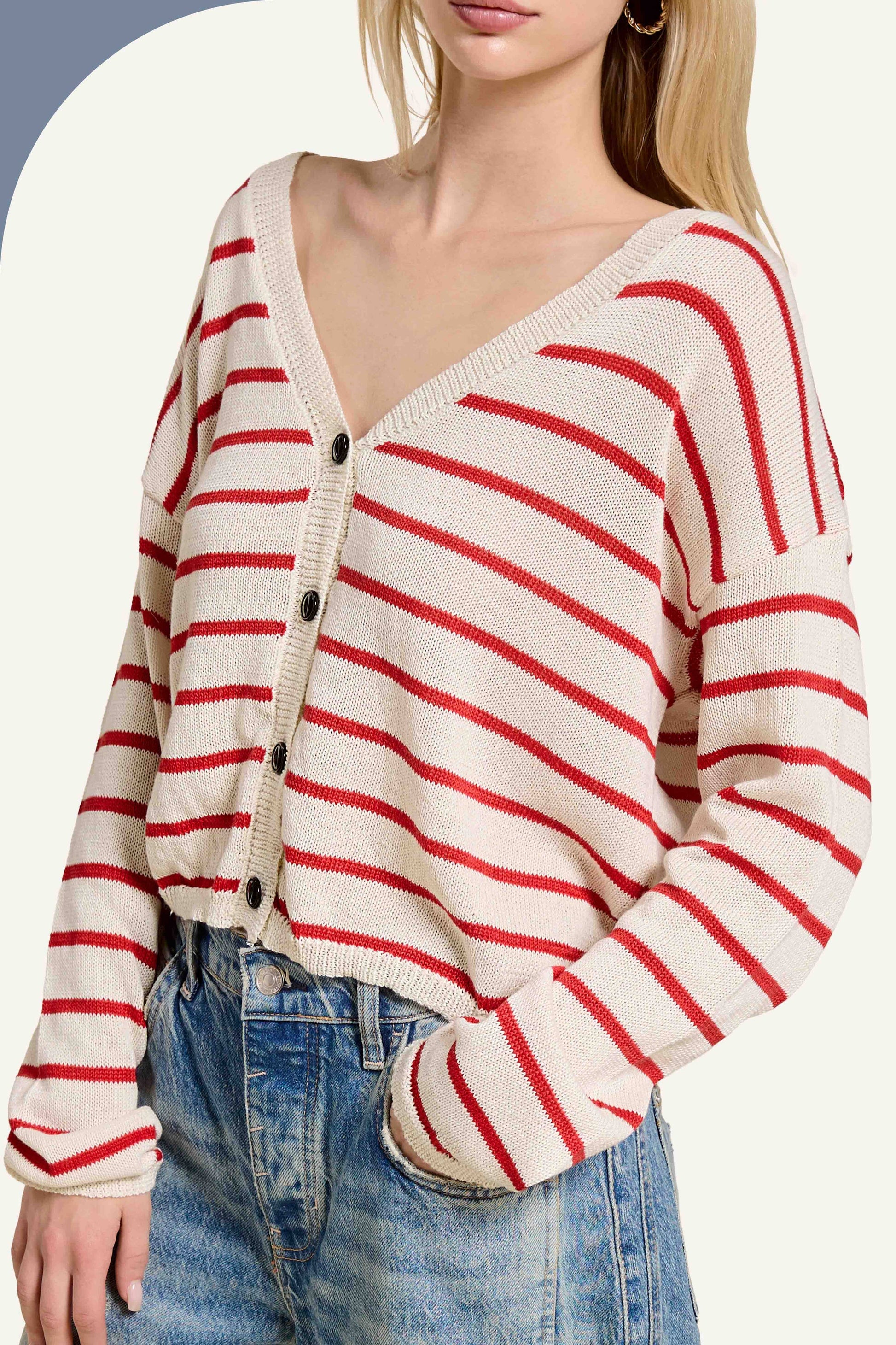MDS3611-Relaxed Striped Summer V Neck Button Down Cardigan: Tomato / L - Pink Peonies