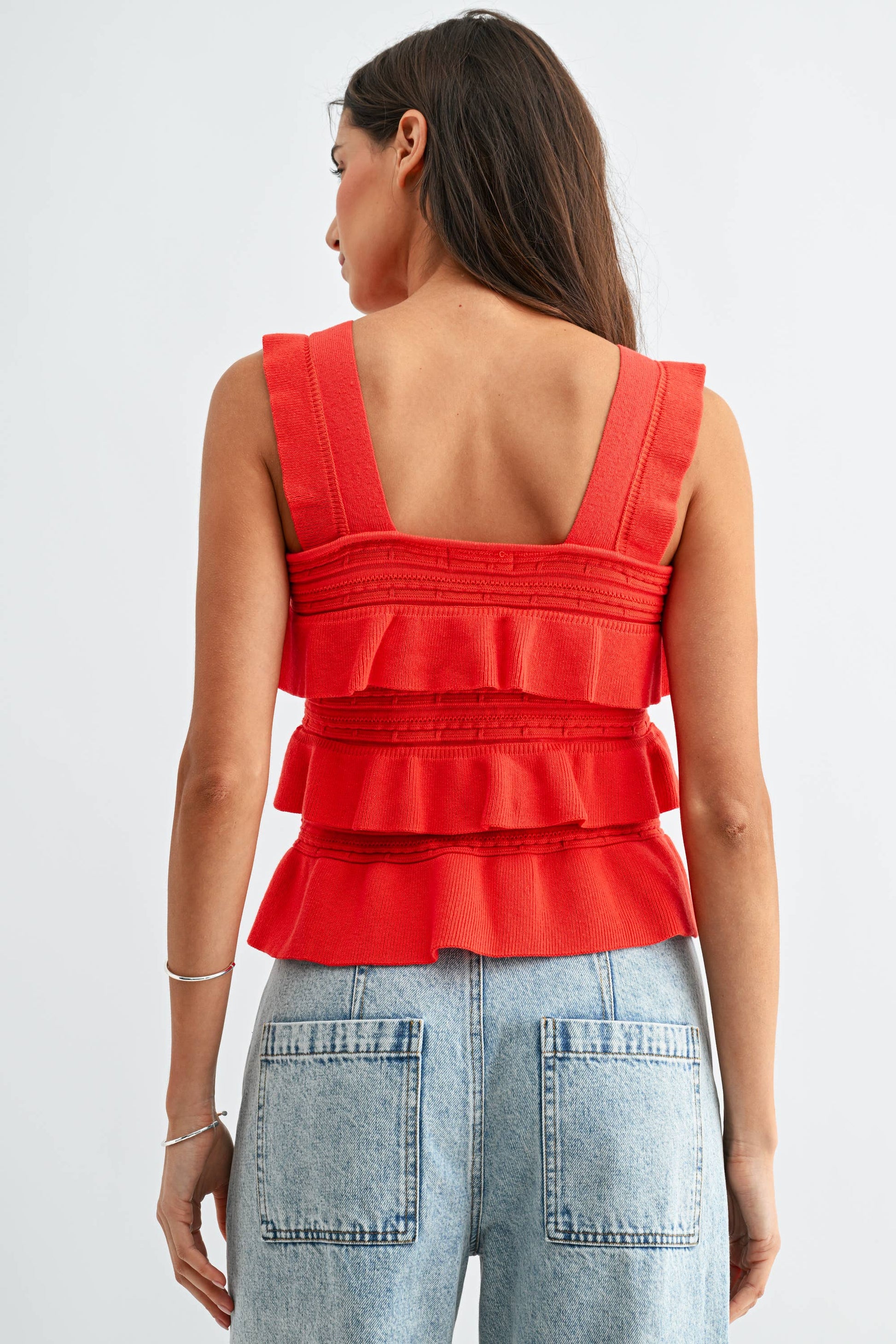 CW10030E Red Ruffled Knit Sleeveless Top: TOMATO RED / S-M-L (3-2-1) - Pink Peonies