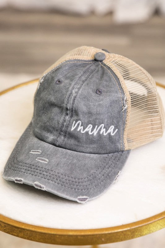 Cursive Mama Embroidered Messy Bun Trucker Hat Cap - Pink Peonies