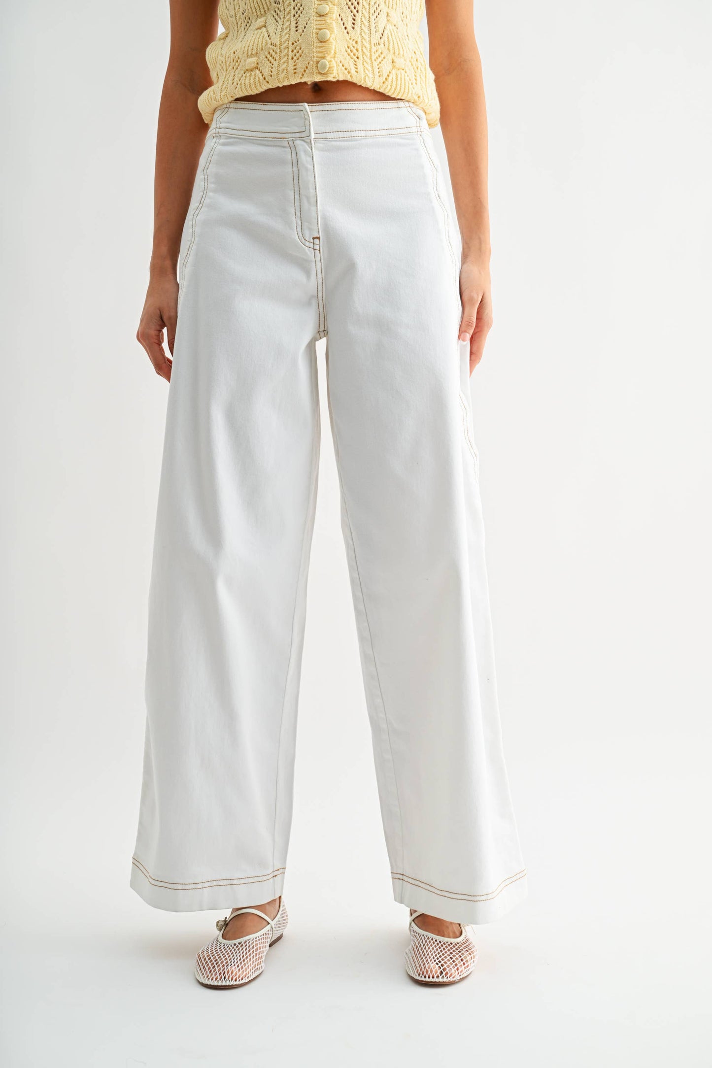 CEP26939 WIDE-LEG STRETCHY DENIM TROUSERS: OFF WHITE / S-M-L(3-2-1) - Pink Peonies