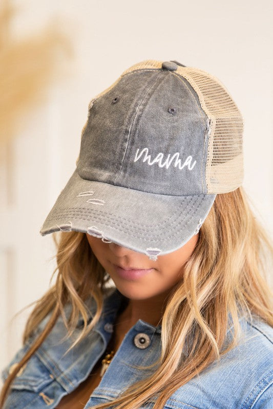 Cursive Mama Embroidered Messy Bun Trucker Hat Cap - Pink Peonies