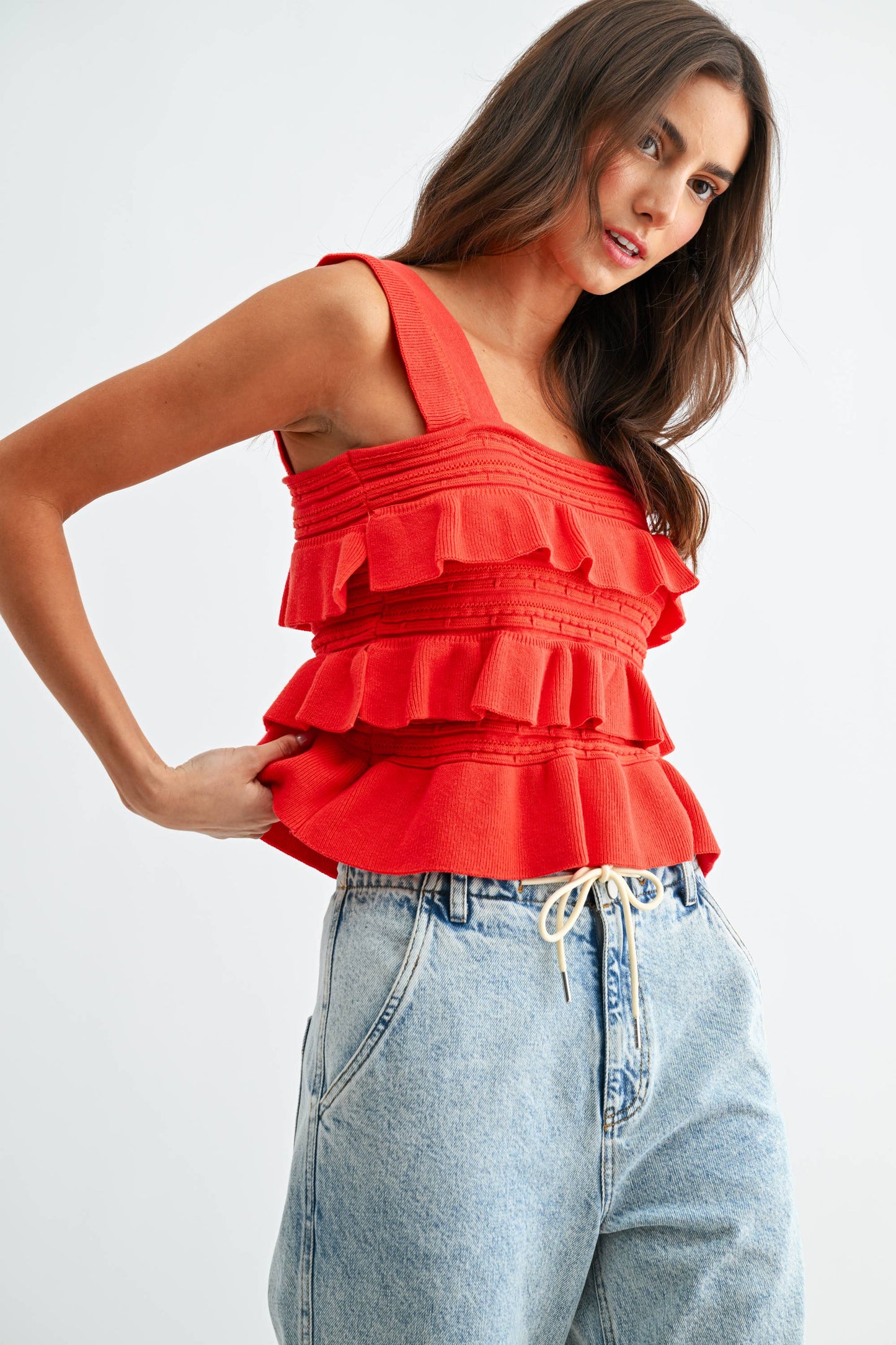CW10030E Red Ruffled Knit Sleeveless Top: TOMATO RED / S-M-L (3-2-1) - Pink Peonies