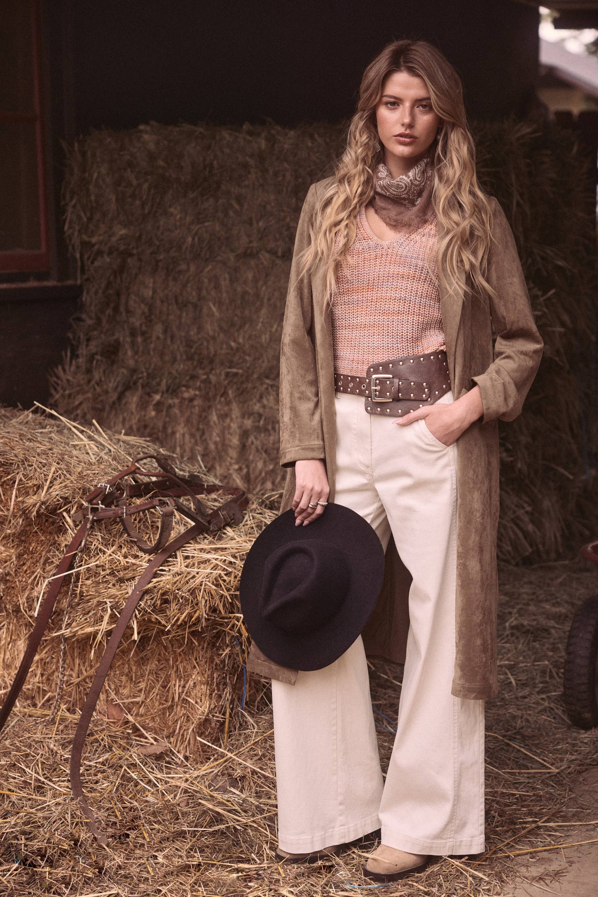 Western Faux Suede Duster Coat: Olive / M - Pink Peonies