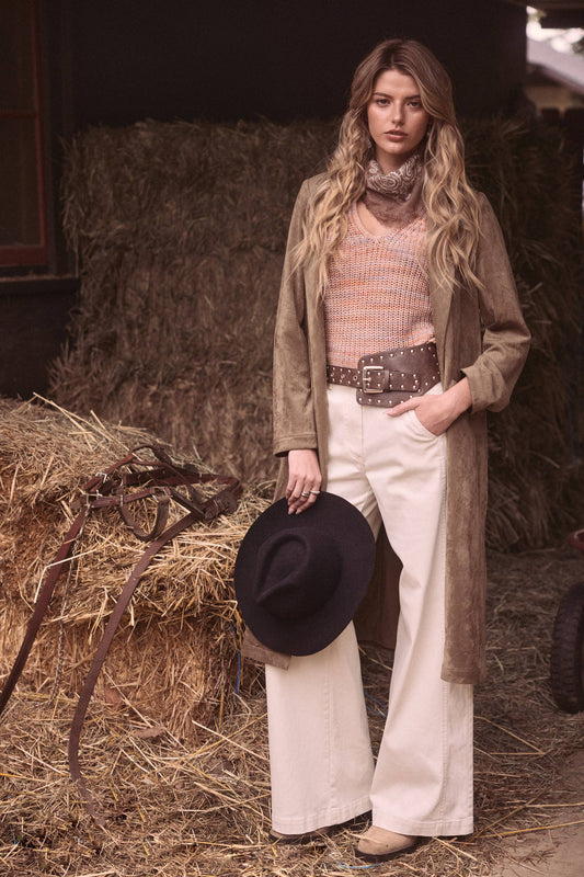 Western Faux Suede Duster Coat: Olive / M - Pink Peonies