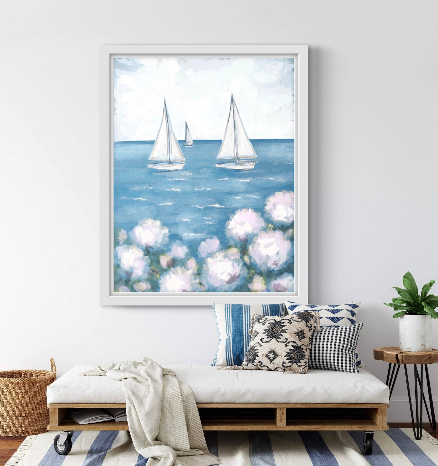 White Sailboat - Art Print: 8x10 - Pink Peonies