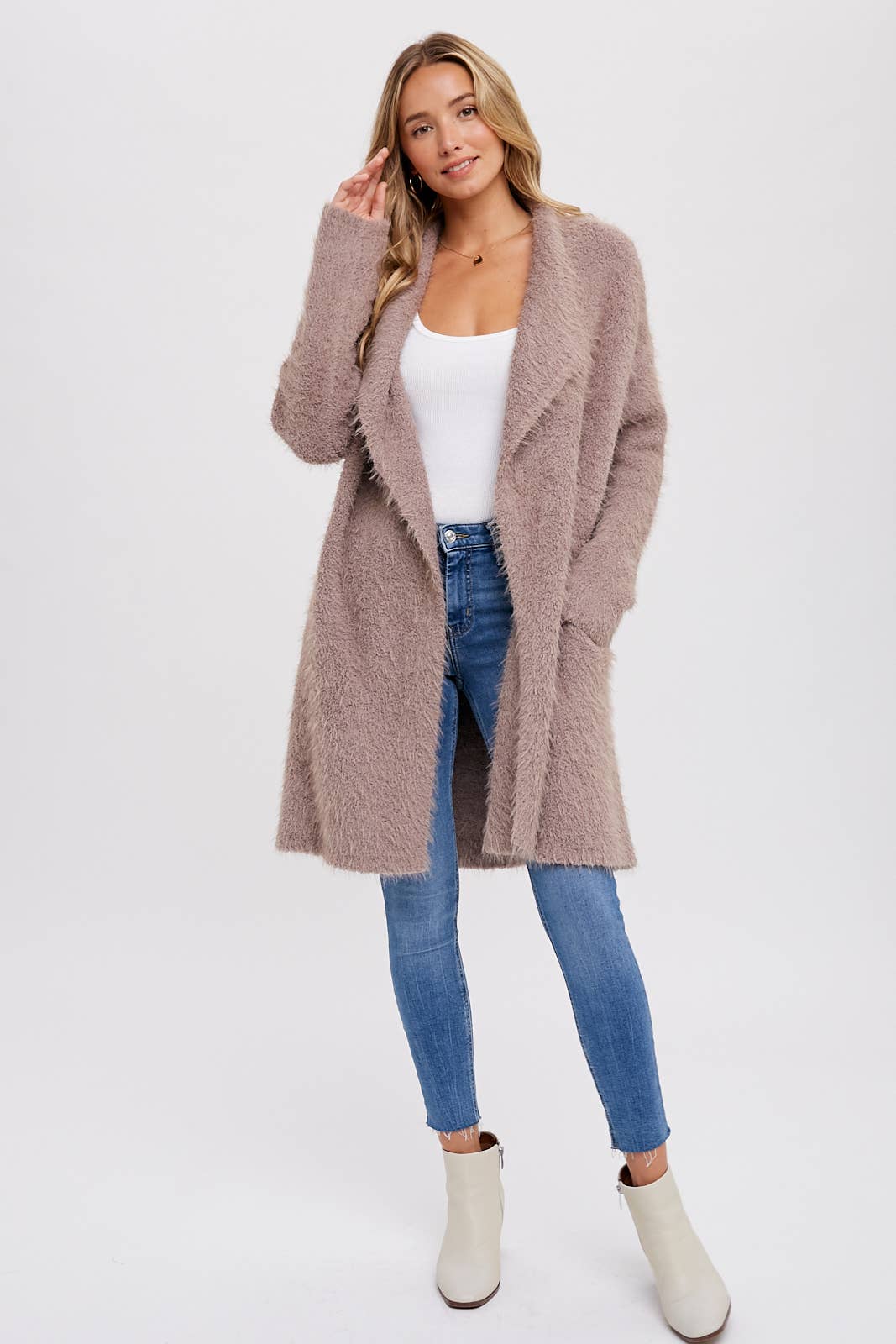 SOFT FUZZY DRAPE FRONT CARDIGAN: MUSHROOM / M/L - Pink Peonies
