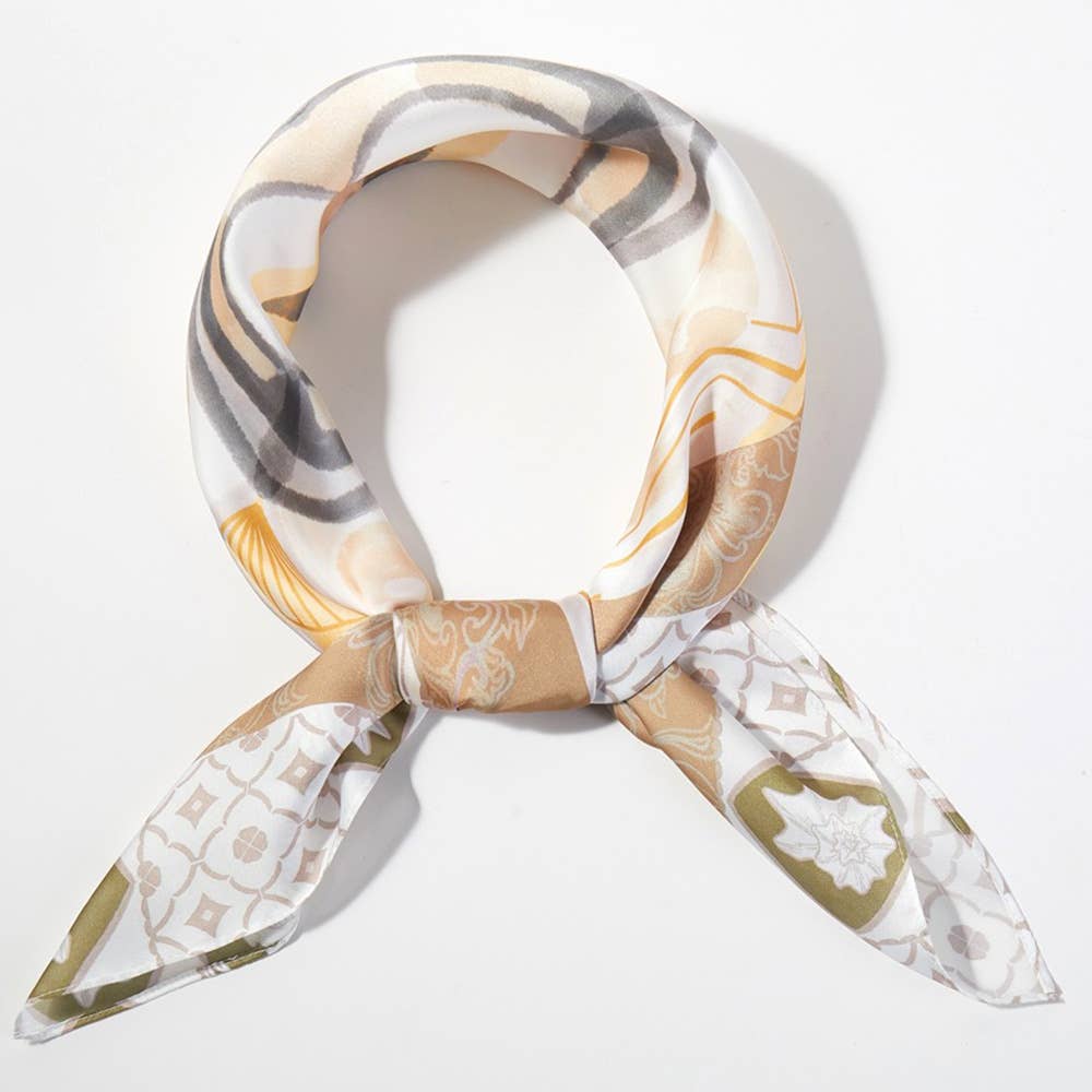 Orange Mosaic Print Square Bandana Scarf: Black - Pink Peonies