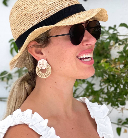 Blonde Rattan Bali Doorknocker Statement Earrings - Pink Peonies