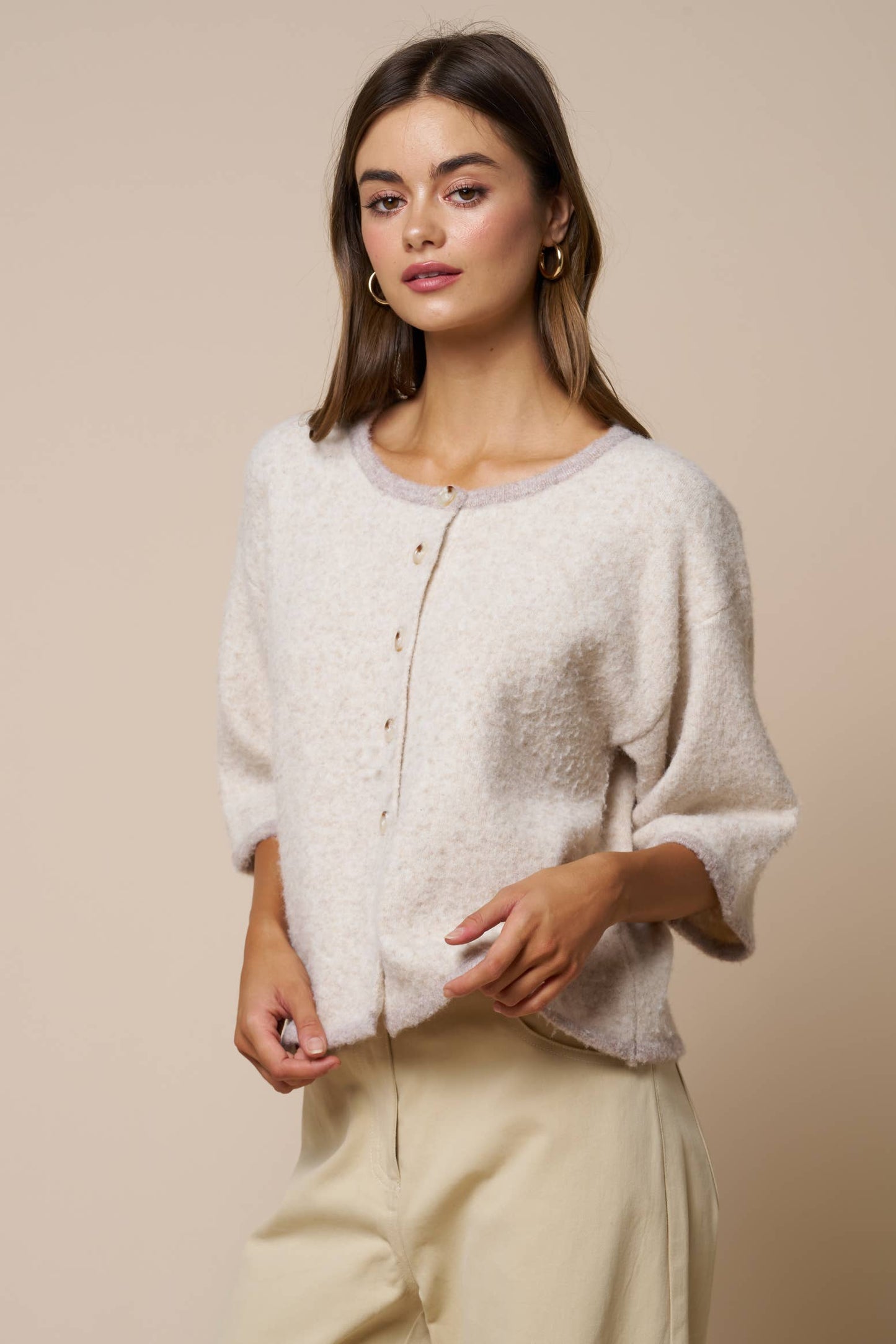 Color Block Button Down Sweater Top: LT BEIGE / L - Pink Peonies