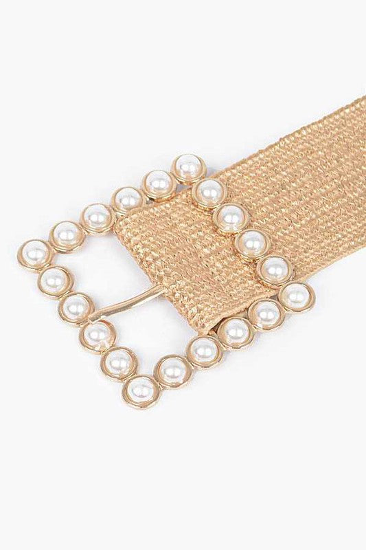 Pearl Buckle Faux Straw Elastic Belt