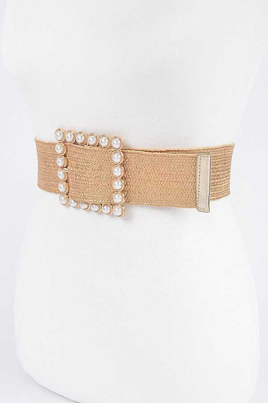 Pearl Buckle Faux Straw Elastic Belt