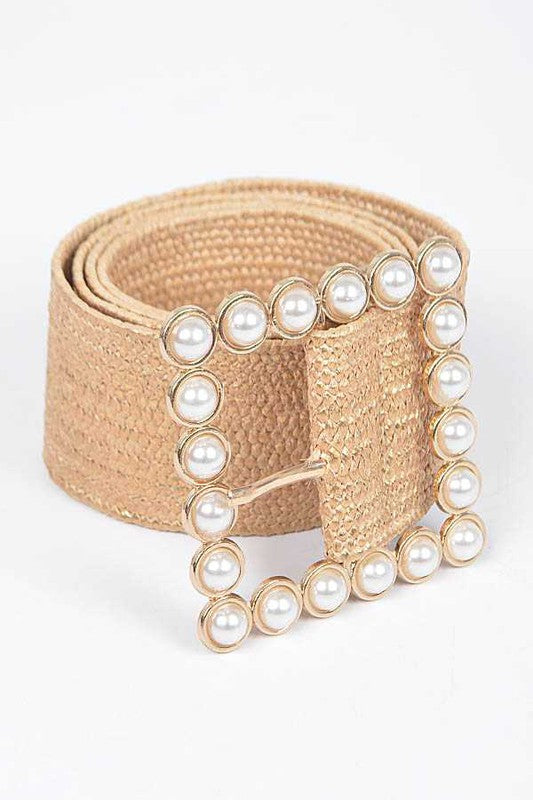 Pearl Buckle Faux Straw Elastic Belt