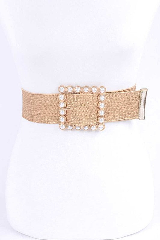 Pearl Buckle Faux Straw Elastic Belt