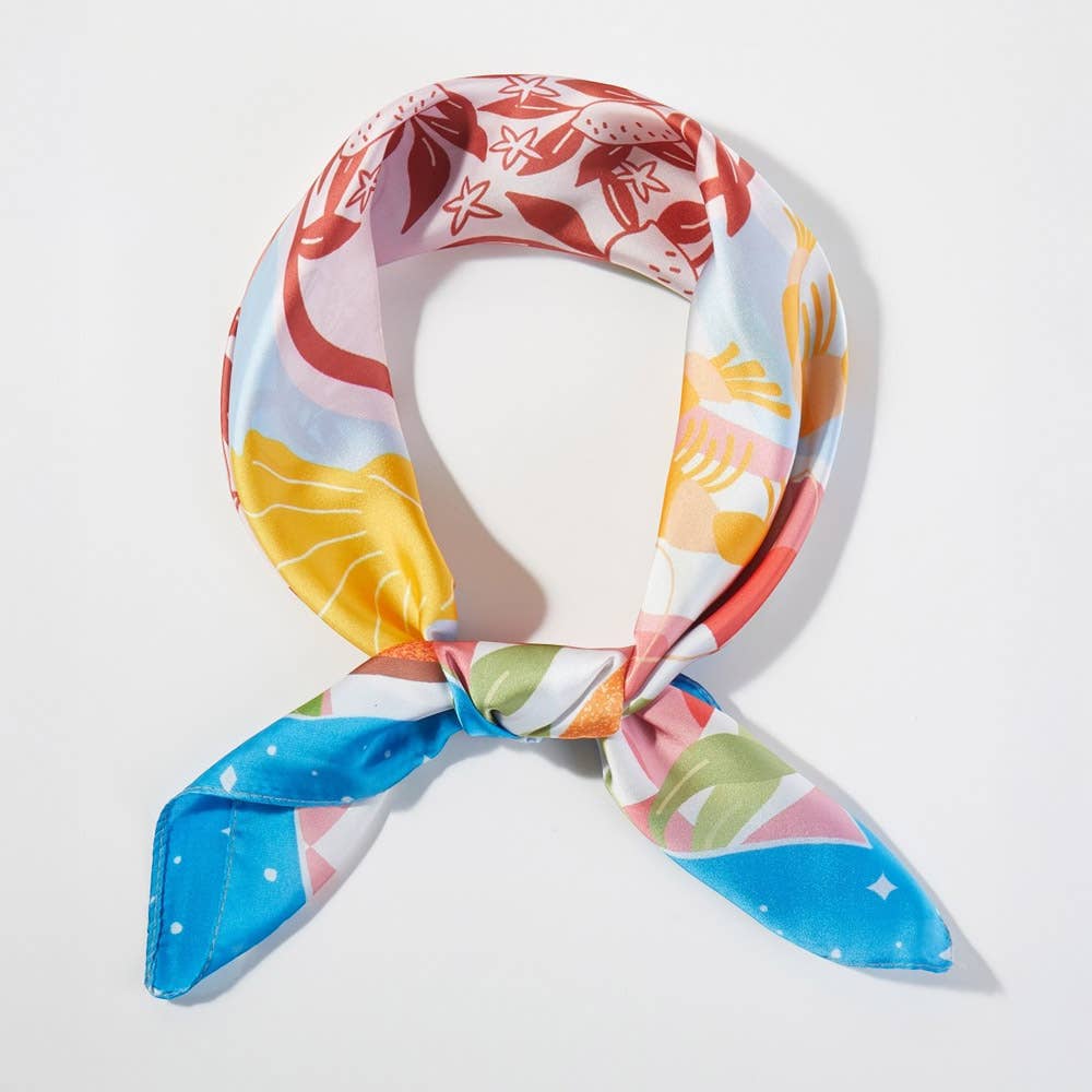 Seaside Feast Print Square Bandana Scarf: Coral - Pink Peonies
