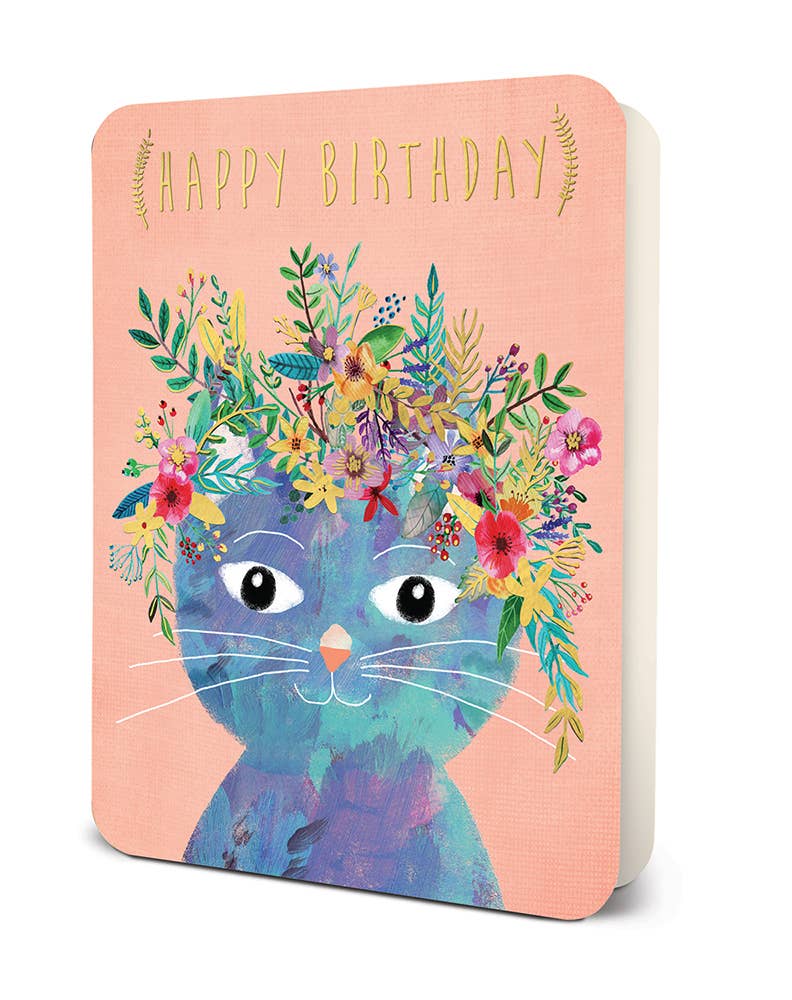 Happy Birthday Cat Deluxe Greeting Card - Pink Peonies