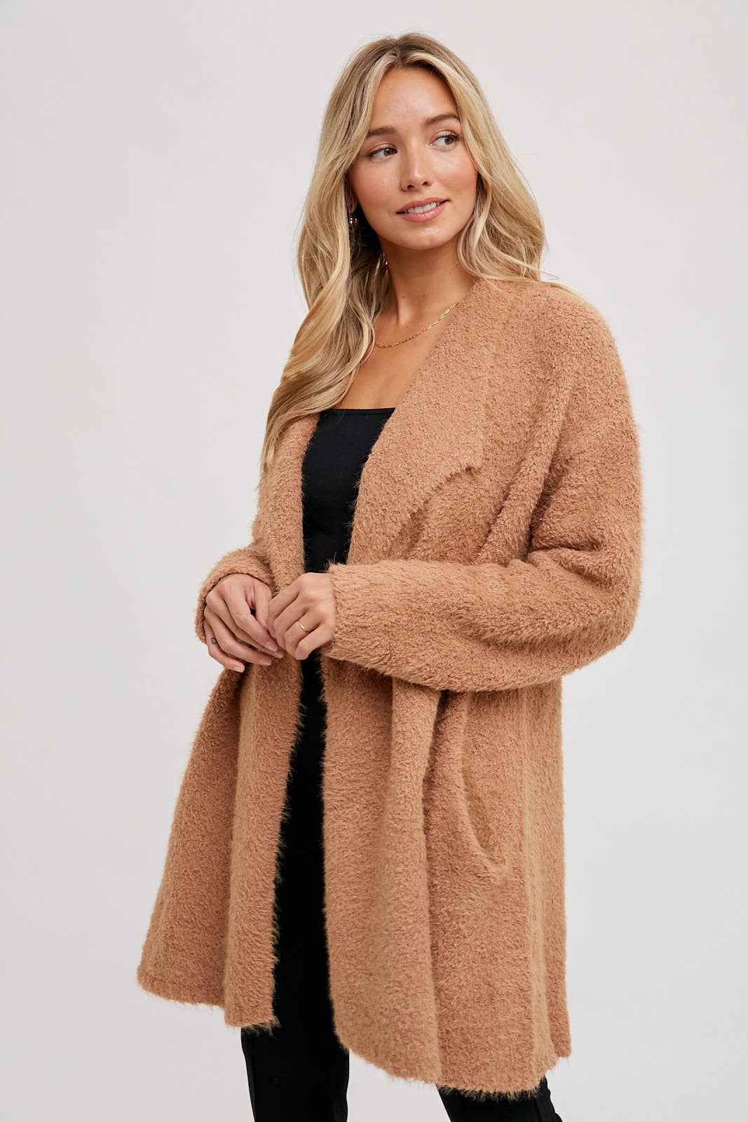 SOFT FUZZY DRAPE FRONT CARDIGAN: MUSHROOM / M/L - Pink Peonies