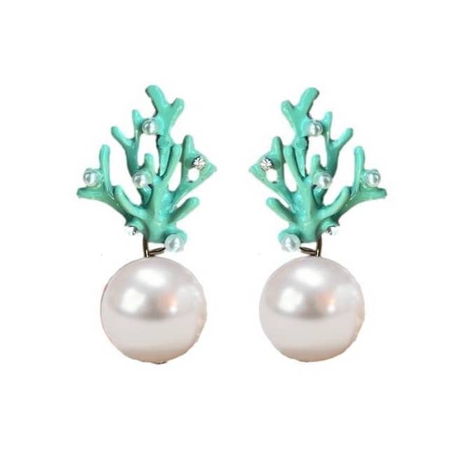 Pearl and Turquoise Coral Mini Statement Earrings - Pink Peonies