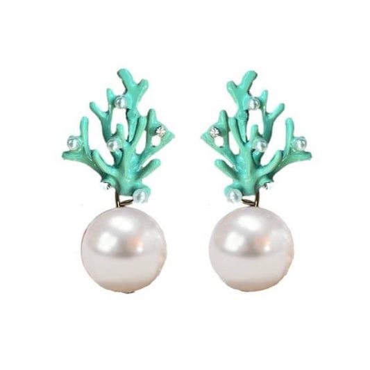 Pearl and Turquoise Coral Mini Statement Earrings - Pink Peonies