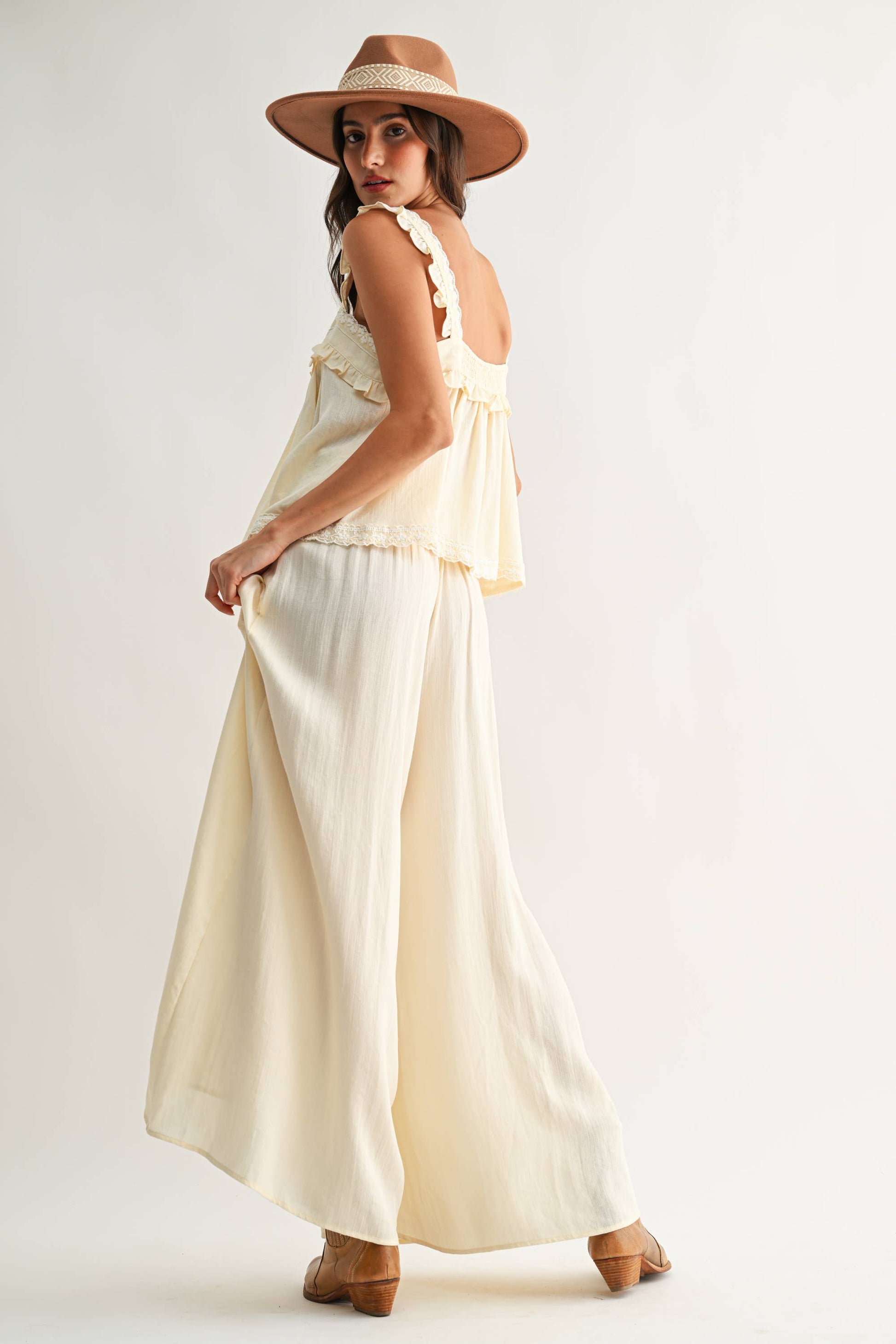 CEP27063 Wide-Leg Palazzo Pant with Ruffle Set - Pants Only: IVORY / S-M-L (3-2-1) - Pink Peonies