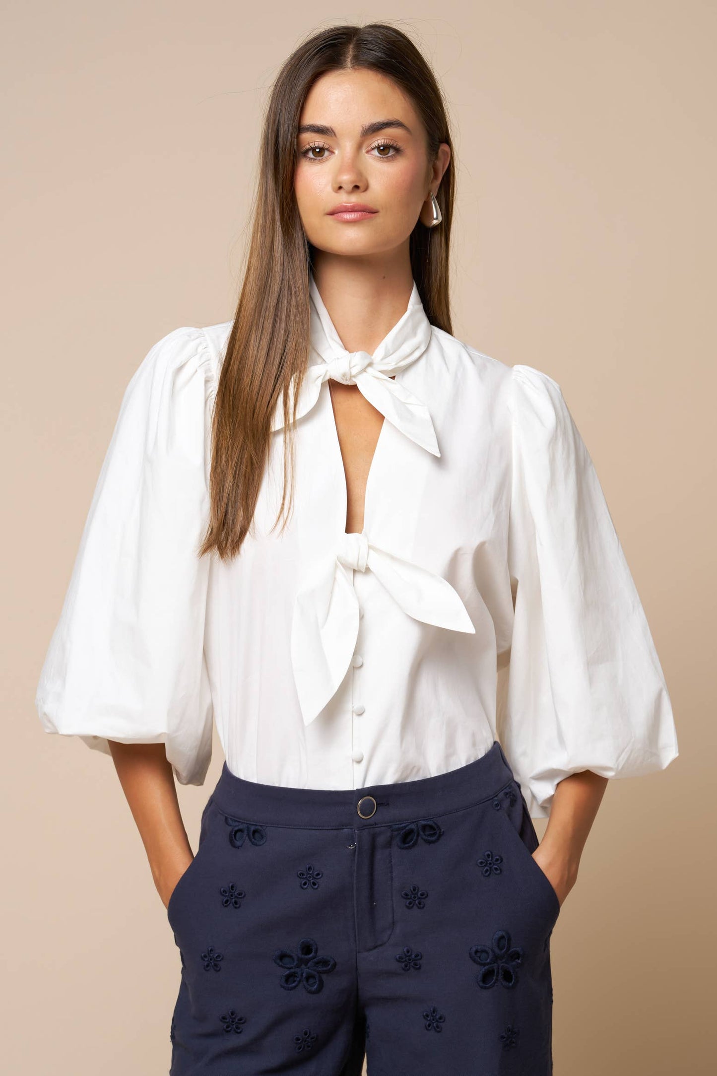Puff Sleeve Button Down Blouse: OFF WHITE / L - Pink Peonies
