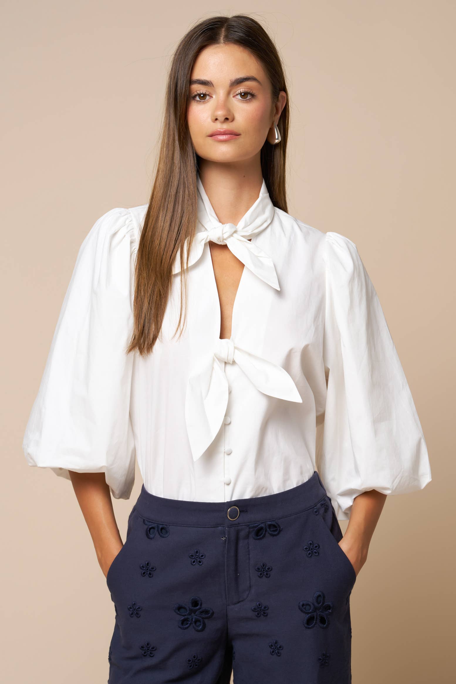 Puff Sleeve Button Down Blouse: OFF WHITE / L - Pink Peonies