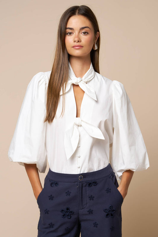 Puff Sleeve Button Down Blouse: OFF WHITE / L - Pink Peonies