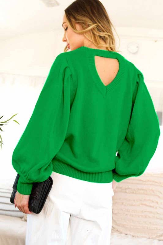 Green Cut Out Back Crew Neck Knitted Sweater - Pink Peonies