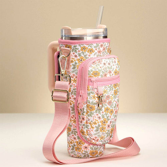 Pink Floral Tumbler Carrier Holder Bag - Pink Peonies