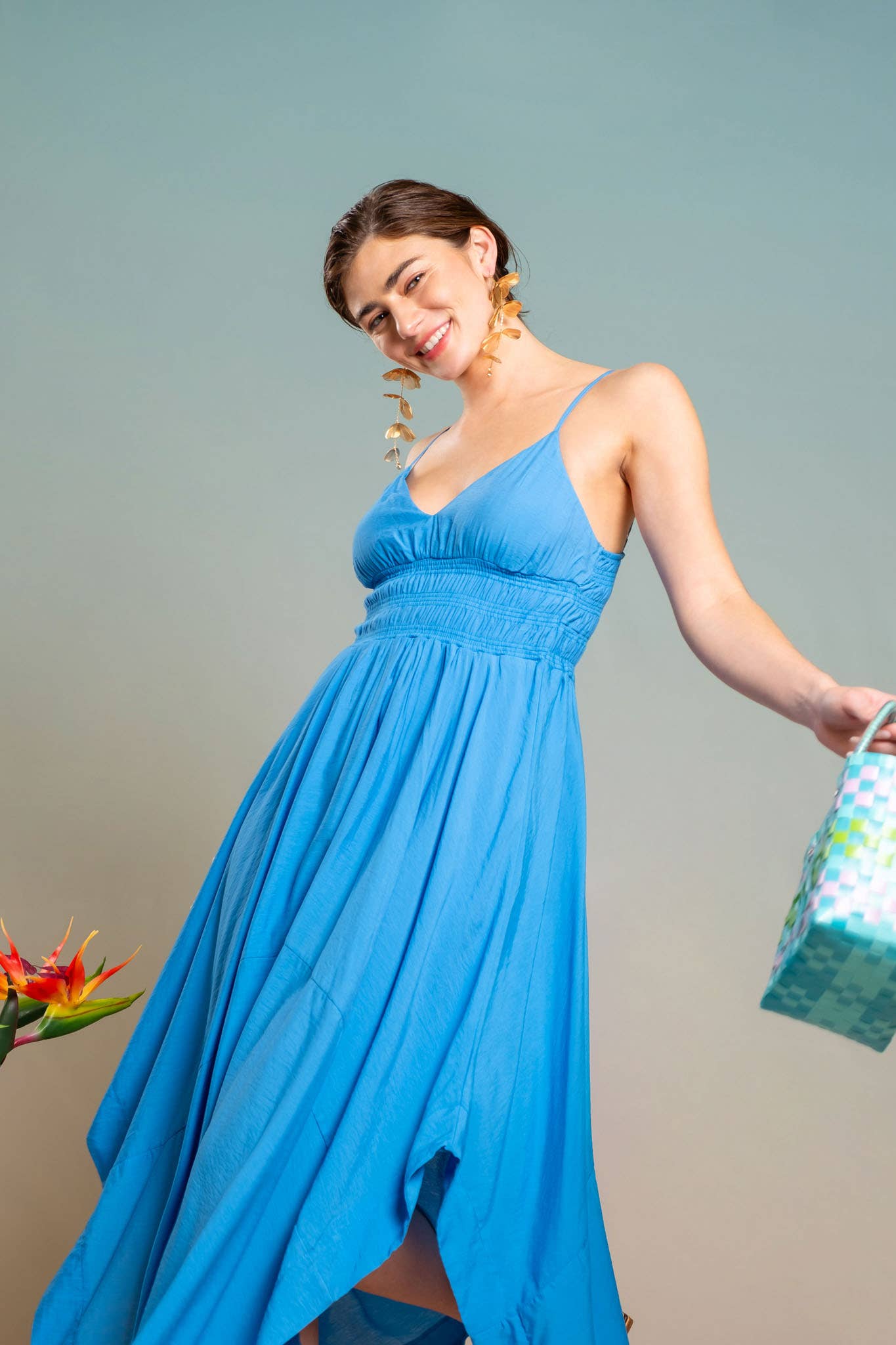 Indigo Dreams V Neck Handkerchief Hem Sleeveless Blue Midi Dress - Pink Peonies