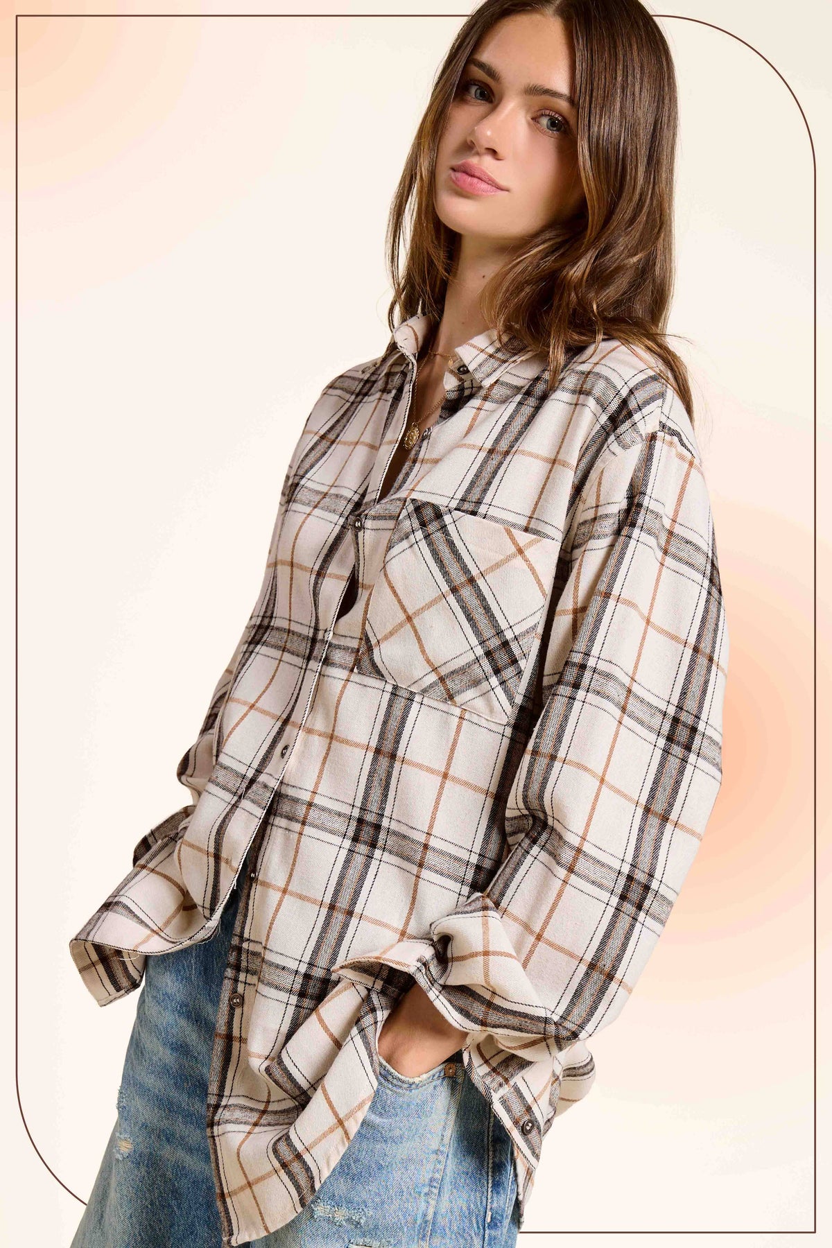 SRT1312-Soft Fabric Plaid Loose Fit Button Down Shirt: Bone / L - Pink Peonies
