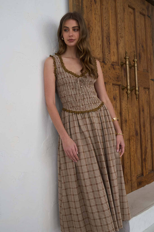 PLAID SMOCKED RUFFLED LACE TRIM MIDI DRESS: CAMEL MULTI - Pink Peonies