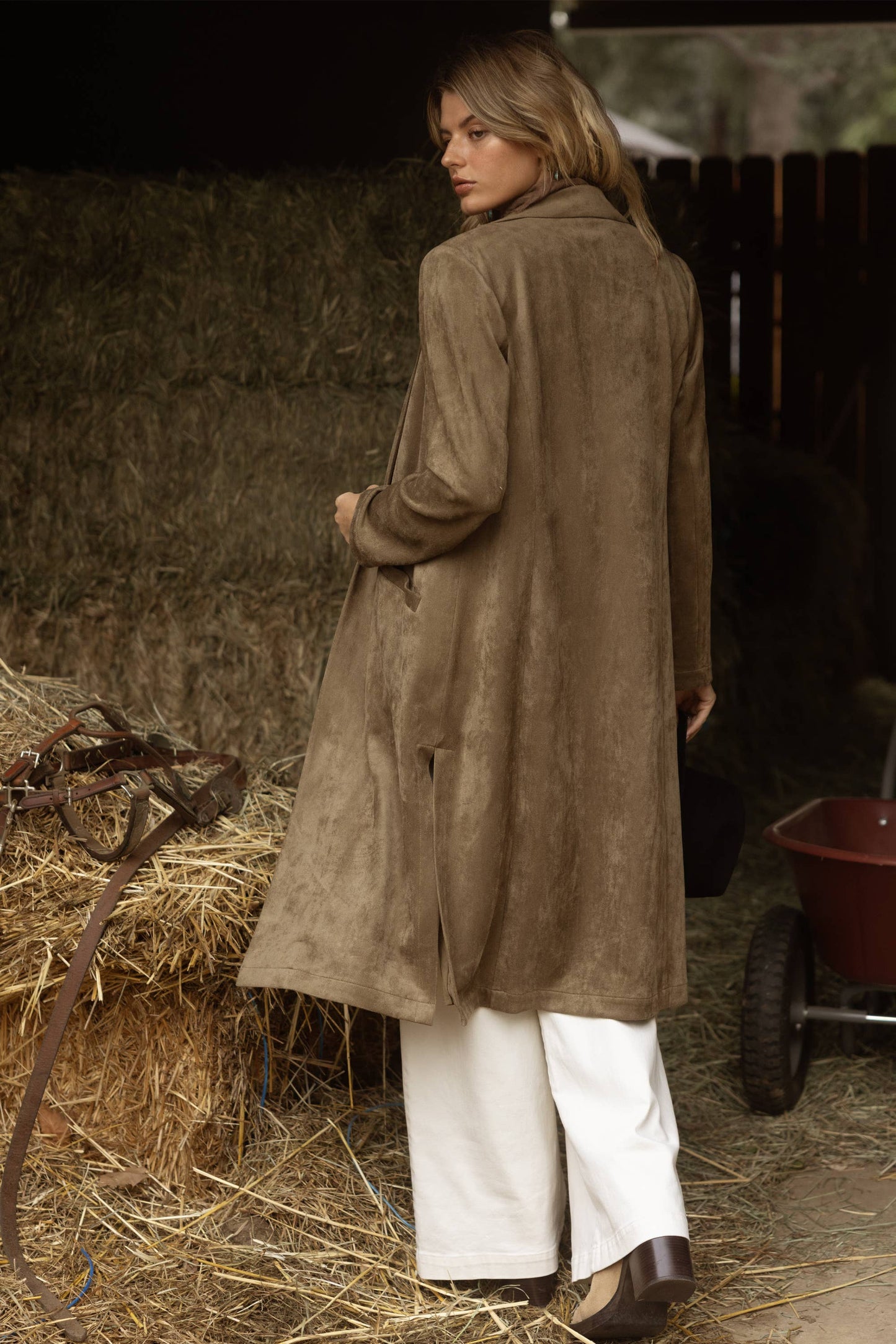 Western Faux Suede Duster Coat: Olive / M - Pink Peonies