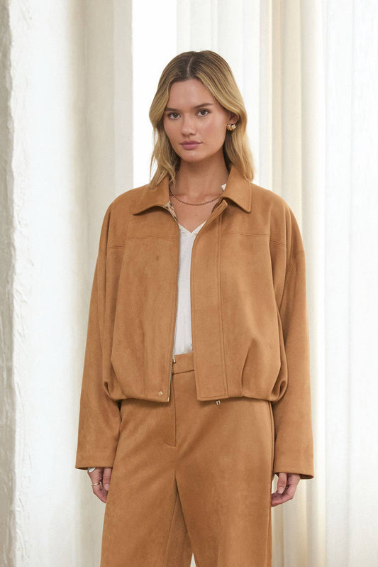 Faux Suede Bubble Hem Jacket: Camel - Pink Peonies