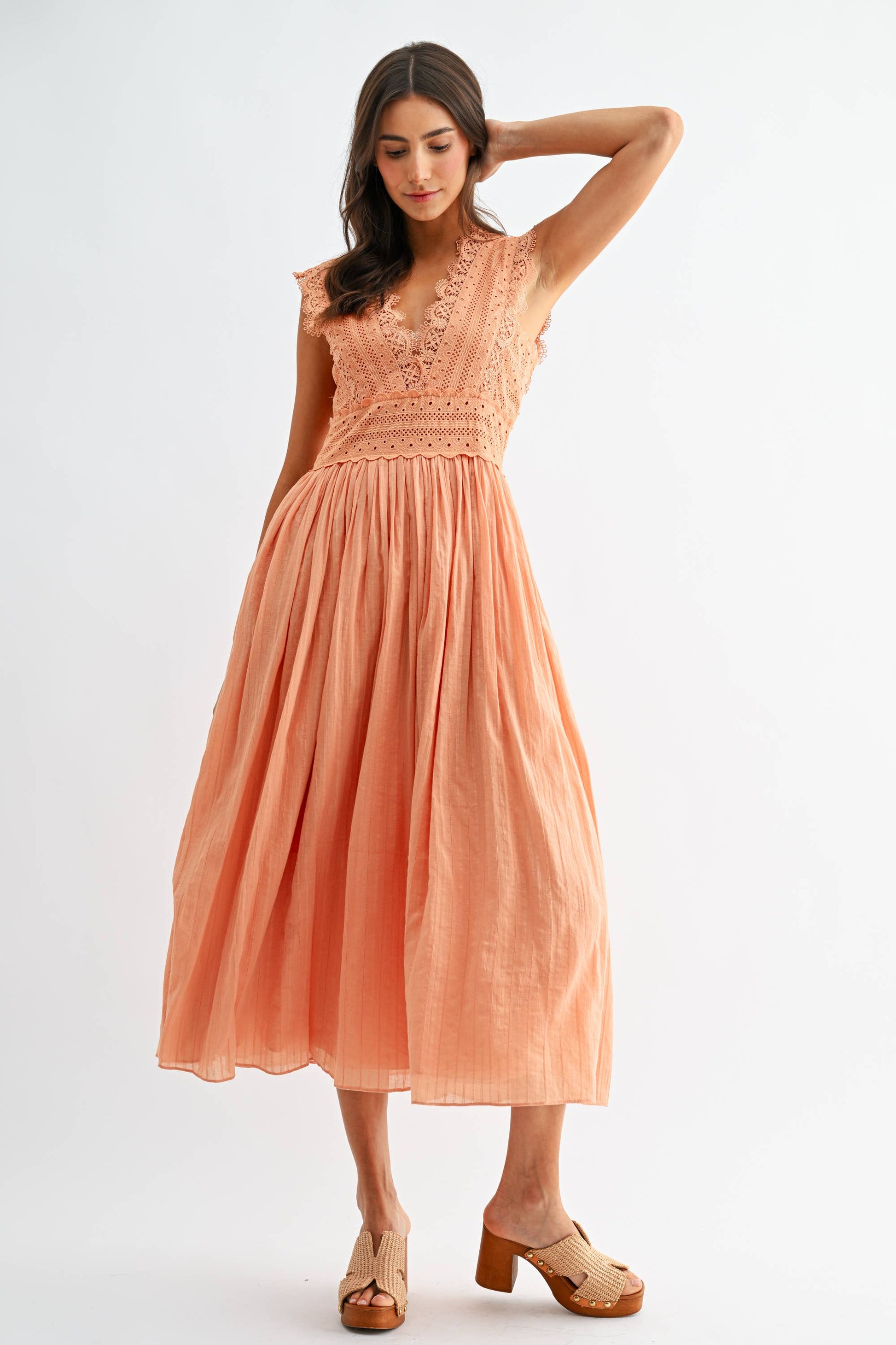 CD10184J Lace Boho Midi Dress: ORANGE / S-M-L (3-2-1) - Pink Peonies