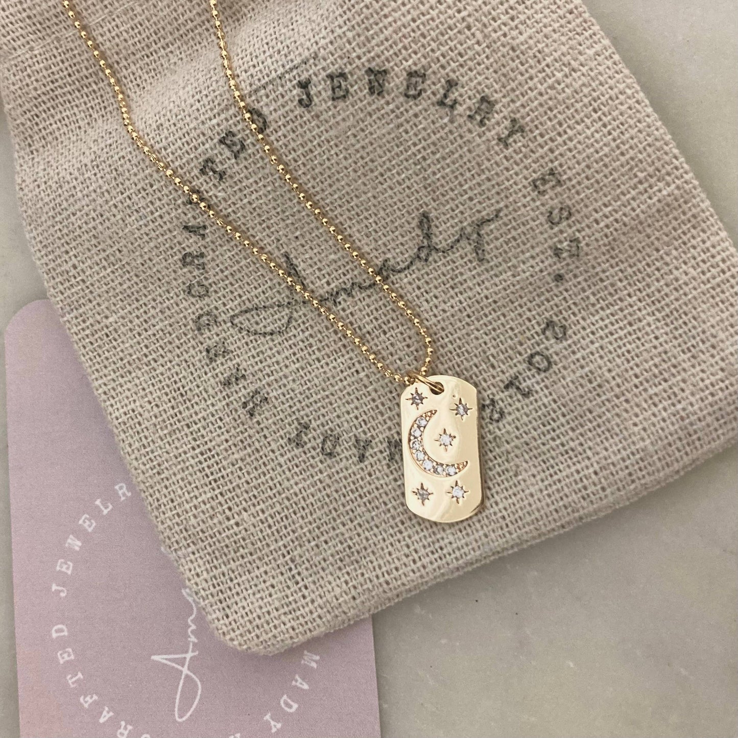 Half Moon Crescent Star Medallion 18K gold dog tag necklace - Pink Peonies