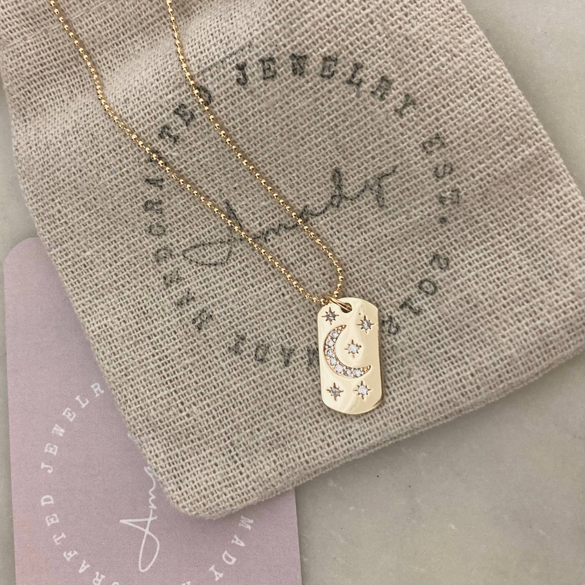 Half Moon Crescent Star Medallion 18K gold dog tag necklace - Pink Peonies