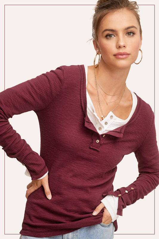 JAT7559-Ribbed Henley Neck Stitched Fitted Long Sleeve Top: Wine / L - Pink Peonies