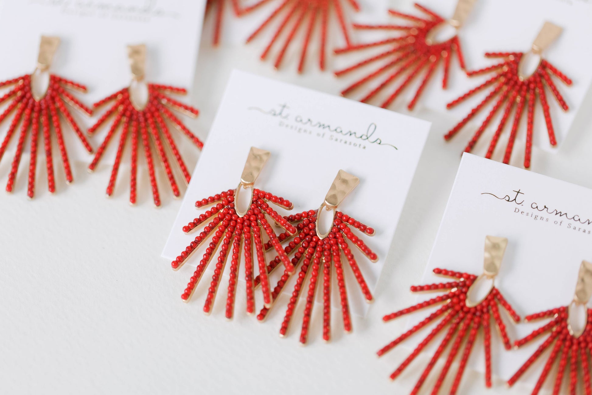 Red Sunburst Statement Drop Earrings - Pink Peonies